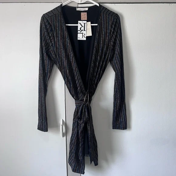 NWT idem ditto Black Wrap Dress Metallic Thread Size M - Picture 1 of 8